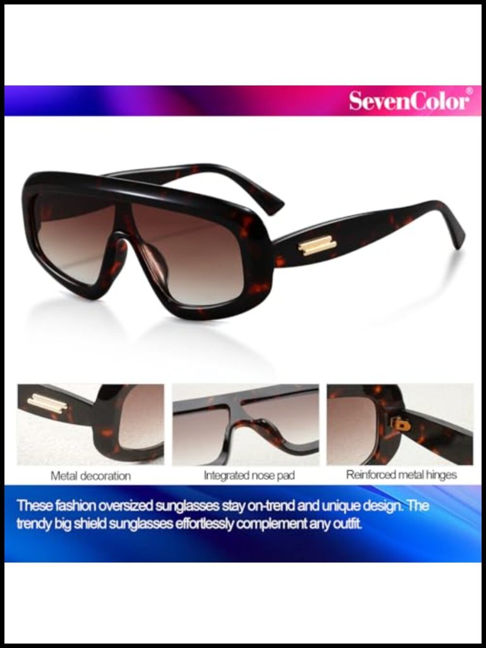 Oversized Shield Sunglasses for Women Men UV400 Retro Trendy - Picture 5 of 6